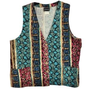 Vintage Bon Worth Colorful Denim Vest Size XL Western Beach‎ Boho Whimsy 80s 90s